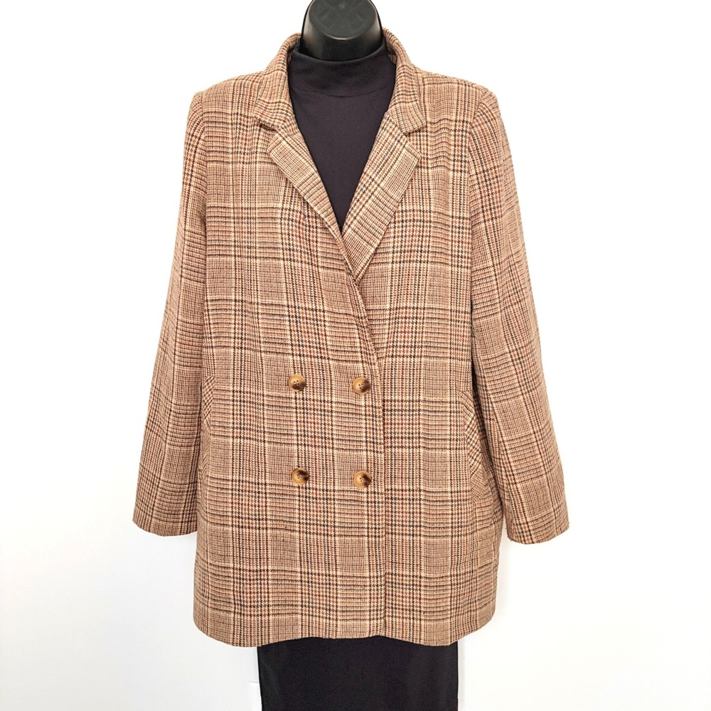 Sage The Label Blazer Glen Plaid Double Breasted Jacket Size L Brown